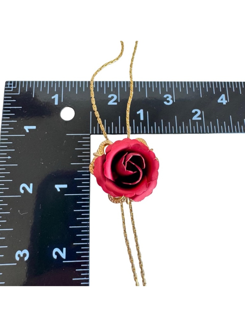 Vintage Red Rose Bolo Tie Lariat Necklace Gold Tone Chain Floral Pendant Jewelry - Picture 13 of 16